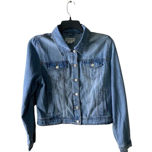 Cavalini Denim Collection Cropped Jean Jacket Womens L Trucker Mid Wash Casual - Picture 1 of 8